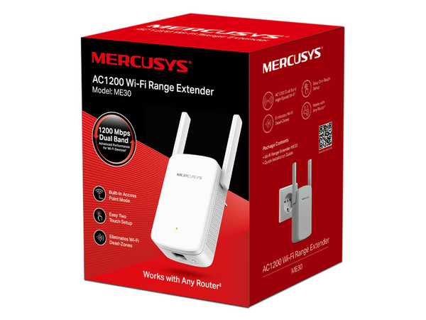 Extensor de Rango Mercusys ME30 de Doble Banda, Wireless AC1200 (Wi-Fi 5), hasta 1200 Mbit/s, Color Blanco.