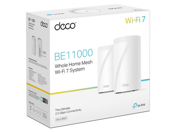 Access Point, TP-Link, BE65, Sistema De Red Wi-Fi En Malla, 4 Puertos RJ-45, 1300 Mbit/s, Wi-Fi 7, Triple Banda 2.4/5/6 GHz, 4 Antenas, 2 Piezas.