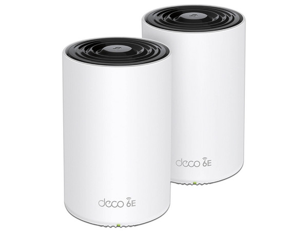 Kit 2 Routers Inalámbricos MESH Interior para Hogar, Doble Banda Wi-Fi 6E AX5400 Mbps, 3 Puerto Gigabit WAN/LAN, 4 Antenas Internas, Administración Mediante la App Deco (iOS, Android), Protección HomeShield.