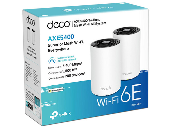 Kit 2 Routers Inalámbricos MESH Interior para Hogar, Doble Banda Wi-Fi 6E AX5400 Mbps, 3 Puerto Gigabit WAN/LAN, 4 Antenas Internas, Administración Mediante la App Deco (iOS, Android), Protección HomeShield.