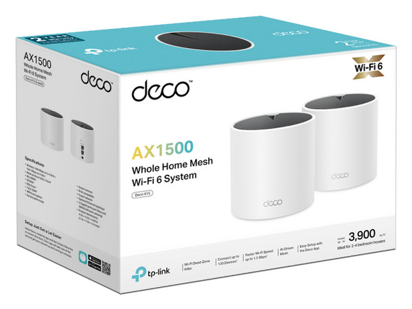 Sistema Mesh TP-LINK Deco X15 (2 Pack), Wi-Fi 6 AX1500, 2x2 MU-MIMO, OFDMA, Beamforming, Cada unidad con 2 puertos RJ45 Gigabit.