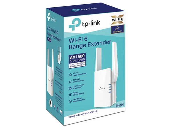 Extensor de alcance inalámbrico TP-Link RE505X de doble banda, Wireless AX (Wi-Fi 6), hasta 1200 Mbps.
