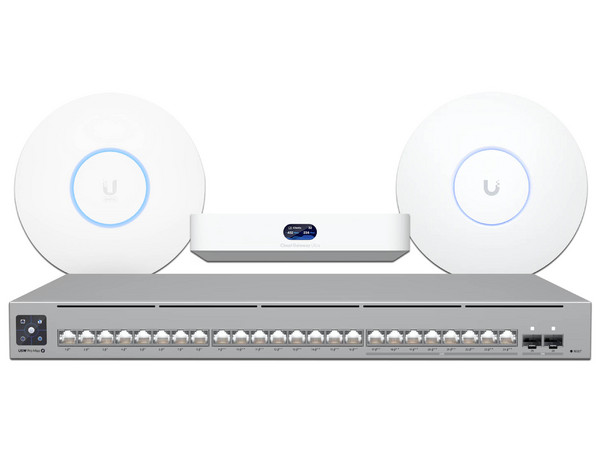 Kit Empresarial Ubiquiti UniFi Business Pro Kit, Controlador UCG-Ultra con Soporte VLANs, Switch USW-PRO-MAX-24-POE, de 24 Puertos y Soporte PoE++, Access Point U6-PRO Wi-Fi 6 y Access Point U6-ENTERPRISE Wi-Fi 6E.