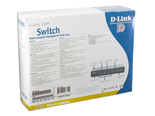 Switch KVM D-Link de 4 puertos PS/2. Controla cuatro computadoras desde un solo teclado, monitor y mouse.