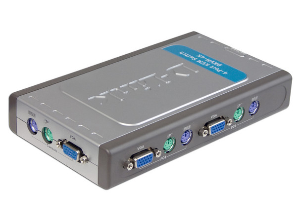 Switch KVM D-Link de 4 puertos PS/2. Controla cuatro computadoras desde un solo teclado, monitor y mouse.