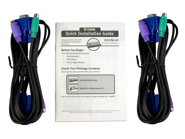 Switch KVM D-Link de 4 puertos PS/2. Controla cuatro computadoras desde un solo teclado, monitor y mouse.