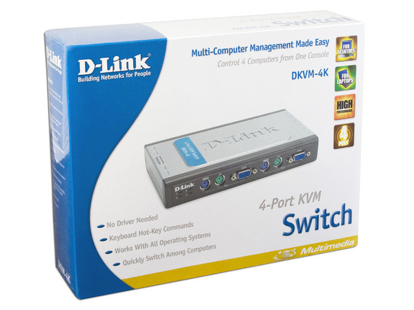 Switch KVM D-Link de 4 puertos PS/2. Controla cuatro computadoras desde un solo teclado, monitor y mouse.