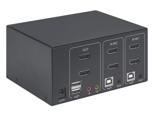 Switch KVM Manhattan HMDMI de 2 puertos, 2 Monitores, 2 Computadoras, 4K.