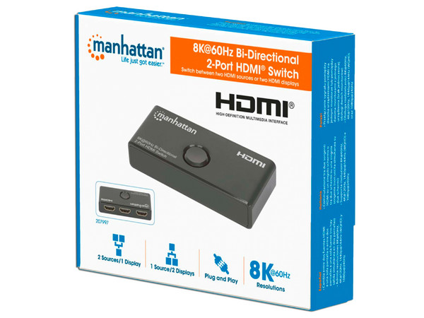 Conmutador Manhattan 207997, Bidireccional, HDMI, 4K, Color Negro.