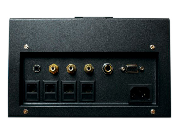 Panel de Conectores Redleaf PT501 Para Escritorio, 1 Contacto AC, 3 Puertos RCA, VGA, 4 Puertos RJ-45 y Audio 3.5mm, Color Negro.