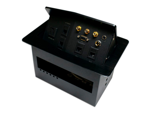Panel de Conectores Redleaf PT501 Para Escritorio, 1 Contacto AC, 3 Puertos RCA, VGA, 4 Puertos RJ-45 y Audio 3.5mm, Color Negro.