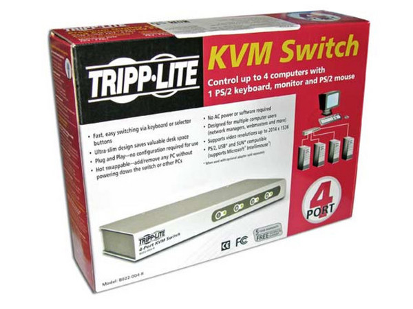 Switch KVM Tripp Lite de 4 puertos. Controla cuatro computadoras desde un solo teclado, monitor y mouse.