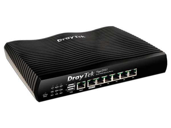 Ruteador Multi WAN Draytek Vigor 2927 Gigabit Ethernet de 800 Mbps, 1 puerto WAN, 1 puerto conmutable y 5 puertos LAN. Color Negro.