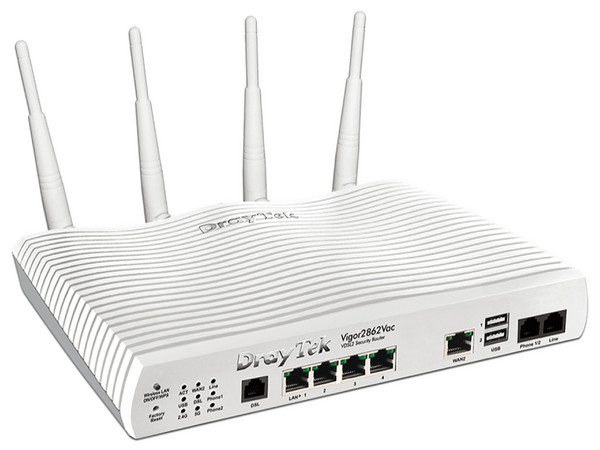 Router Multi-WAN DrayTek Vigor 2862, 4 x Gigabit Ethernet, 1 x WAN Gigabit, 1 x WAN ADSL2/ VDSL2/2, 2 X USB 2.0, soporta VPN y VOIP