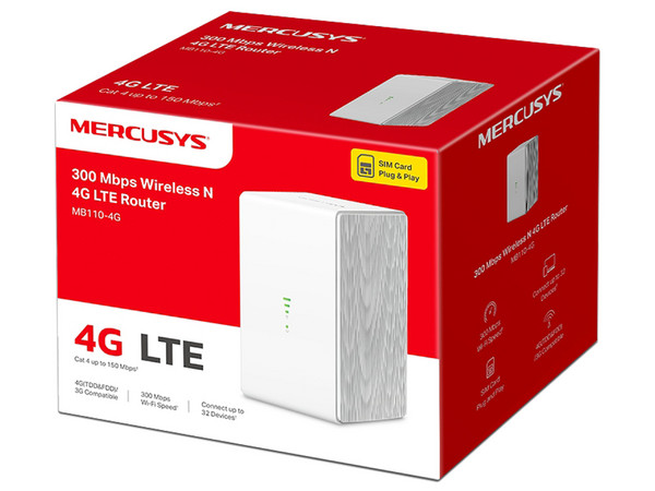 Access Point Mercusys MB110-4G, 2 puertos LAN de 10,100 Mbit/s, 4G LTE, Wi-Fi 4, hasta 2600Mbps.