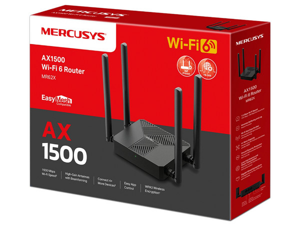 Router Inalambrico Mercusys Ax1500 MR62X, 4 Antenas, Wi-fi 6, 2 Rj-45, 1501 Mbit/s, Color Negro.