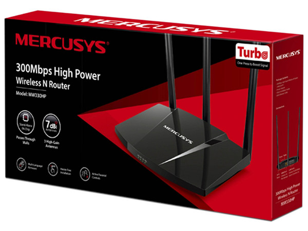 Router inalámbrico Mercusys MW330HP, Wireless N (Wi-Fi 4), hasta 300 Mbps, 3 antenas, Color Negro.