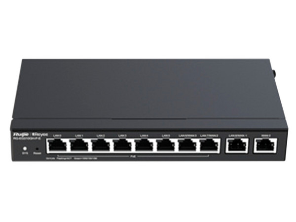Router administrable Ruijie, 6 puertos LAN y 2 puertos LAN/WAN PoE+, 1 puerto LAN/WAN gigabit y 1 Puerto WAN gigabit.