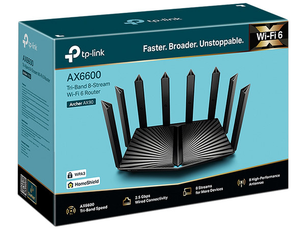 Router Inalámbrico Gigabit TP-Link Archer AX90 AX6600 de Triple Banda, Wireless AX (Wi-Fi 6), hasta 4804 Mbps, LAN Gigabit.