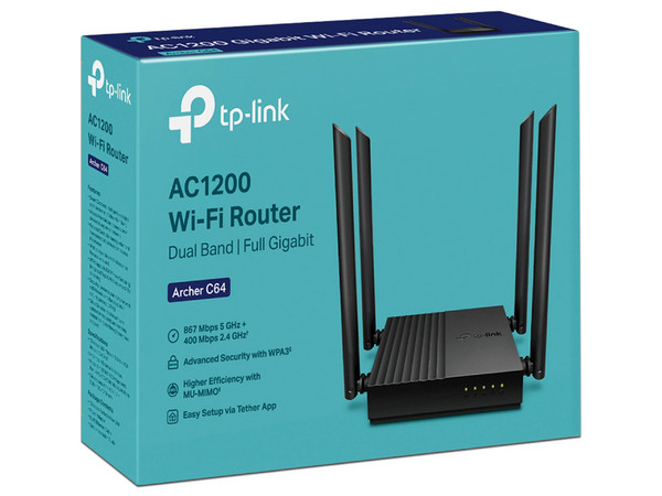 Router Inalámbrico TP-Link Archer C64 V2.0, Doble Banda, Wireless AC1200 (Wi-Fi 5), Hasta 1200 Mbit/s, Mu-Mimo, 4 Antenas. Color Negro.