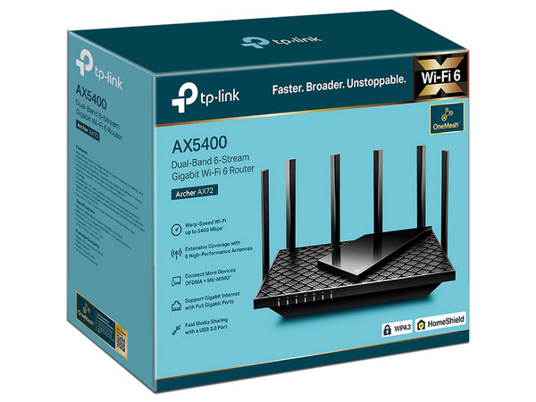 Router Inalámbrico TP-Link Archer AX72 de Doble Banda, Wireless AX (Wi-Fi 6), Hasta 5400Mbps, LAN Gigabit, 4 Antenas, Color Negro.