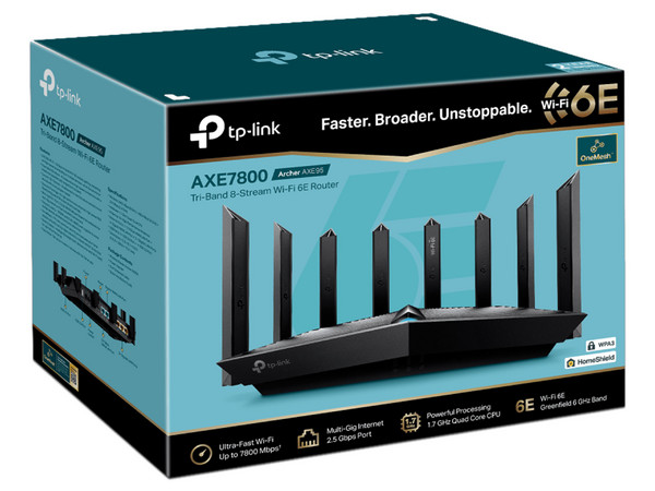 Router Inalámbrico TP-Link Archer AXE95 de Triple Banda, Wireless AX (Wi-Fi 6E), One Mesh, 1 puerto WAN/LAN de 2.5 Gbps, 3 puertos LAN de 1 Gbps.