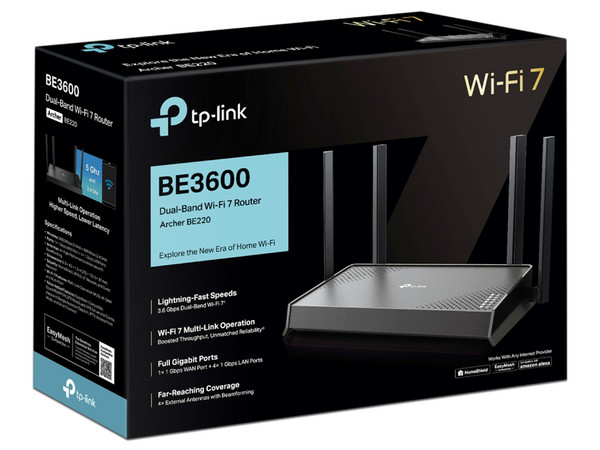 Router Inalámbrico Tp-Link Archer BE220, Multi-Gigabit, Wi-Fi 7, Dual-Band. Color Negro.