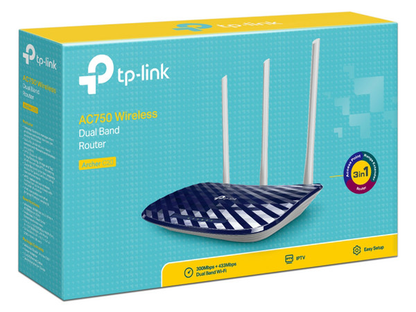 Router Inalámbrico TP-Link Archer C20, de Doble Banda, Wireless AC (Wi-Fi 5), hasta 433Mbps en 5GHz.