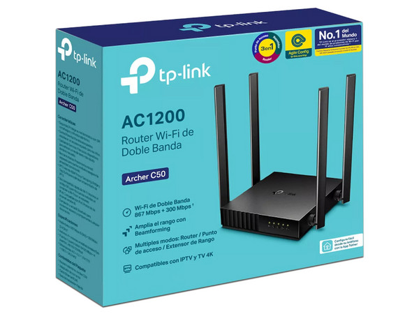 Router inalámbrico TP-Link AC 1200 Archer C50 de doble banda, Wireless AC (Wi-Fi 5), hasta 1200 Mbps.