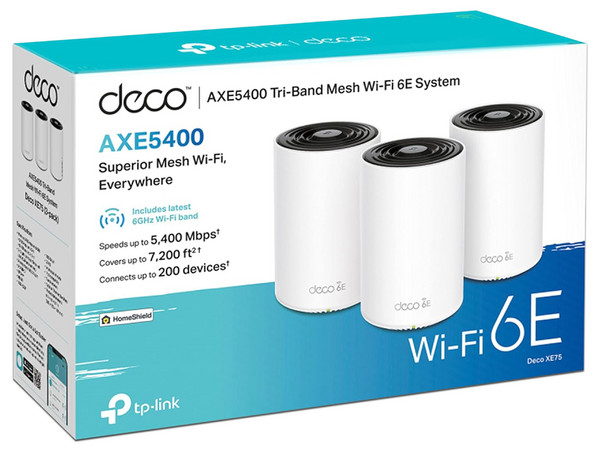 Sistema de Wi-Fi en Malla TP-Link Deco XE75 de Triple Banda, Wireless AX (Wi-Fi 6E), hasta 5400 Mbps, (3 Piezas). Color Blanco.