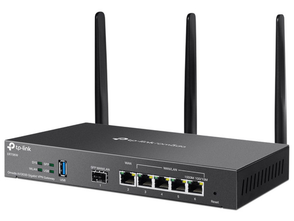 Ruteador Inalámbrico TP-Link AX3000 Omada ER706W: Doble banda, tecnología Wi-Fi 6, tres antenas externas, seis puertos (1 SFP + 5 RJ45), conexión Gigabit, ideal para redes empresariales y de alto rendimiento.