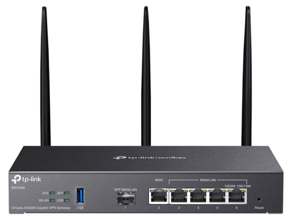 Ruteador Inalámbrico TP-Link AX3000 Omada ER706W: Doble banda, tecnología Wi-Fi 6, tres antenas externas, seis puertos (1 SFP + 5 RJ45), conexión Gigabit, ideal para redes empresariales y de alto rendimiento.