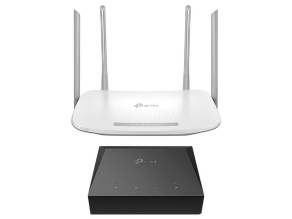 Kit de Ruteador Inalámbrico TP-Link EC220-G5 de doble banda, Wireless AC (Wi-Fi 5), hasta 1200 Mbps y Unidad de red óptica (ONU), 1 puerto RJ45 10/100/1000 Mbps, 1 puerto GPON SFP, Conector SC/APC.