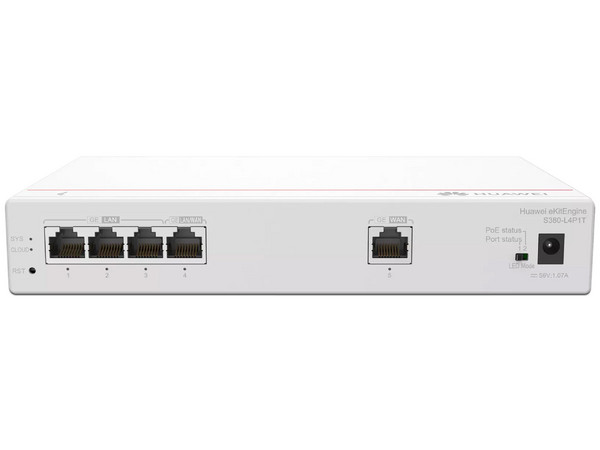 Router Multi-Servicio Huawei eKitEngine S380-L4P1T, 1 puerto WAN Gigabit Ethernet y 4 puertos LAN Gigabit Ethernet PoE, hasta 32 APs, hasta 150 clientes, Administración nube gratis.