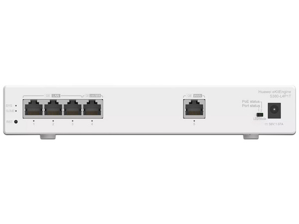 Router Multi-Servicio Huawei eKitEngine S380-L4P1T, 1 puerto WAN Gigabit Ethernet y 4 puertos LAN Gigabit Ethernet PoE, hasta 32 APs, hasta 150 clientes, Administración nube gratis.