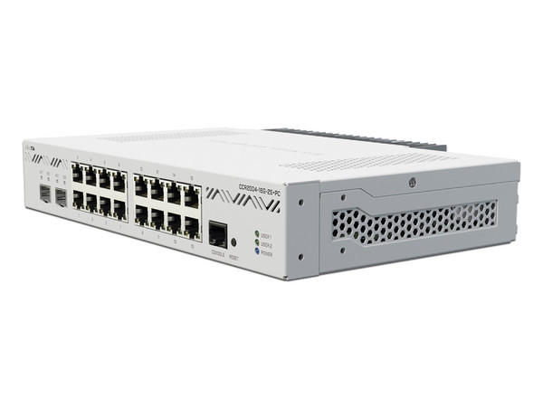 Router MikroTik Cloud Core CCR2004-16G-2S+PC, con enfriamiento pasivo, RJ45, 16 puertos Gigabit Ethernet y dos jaulas 10G SFP+.