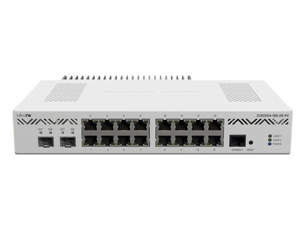 Router MikroTik Cloud Core CCR2004-16G-2S+PC, con enfriamiento pasivo, RJ45, 16 puertos Gigabit Ethernet y dos jaulas 10G SFP+.