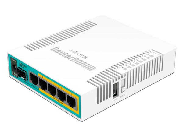 Router MikroTik RB960PGS de 5 puertos Gigabit Ethernet PoE 802.3at, 1 puerto SFP y 1 puerto USB.