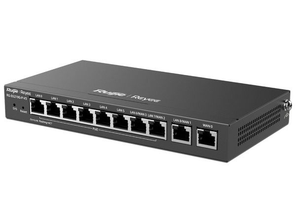Router Balanceador Ruijie RG-EG210G-P-V, 10 puertos Gigabit (8 PoE), 10/100/1000 Mbit/s, Hasta 200 clientes, 110W. Color Negro.