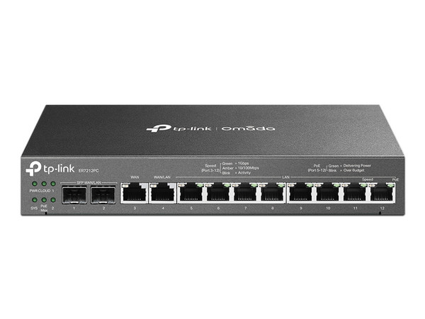 Router VPN TP-Link ER7212PC 3 en 1, 8 puertos Gigabit LAN, 1 puerto Gigabit WAN, 1 puerto Gigabit WAN/LAN, 2 puertos Gigabit SFP WAN/LAN, Salida PoE+, Capacidad de gestión centralizada Omada.