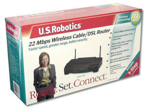 Ruteador U.S. Robotics de 11/22Mbps Inalambrico, 2 Puertos 10/100Mbps, Servidor de Impresión integrado.