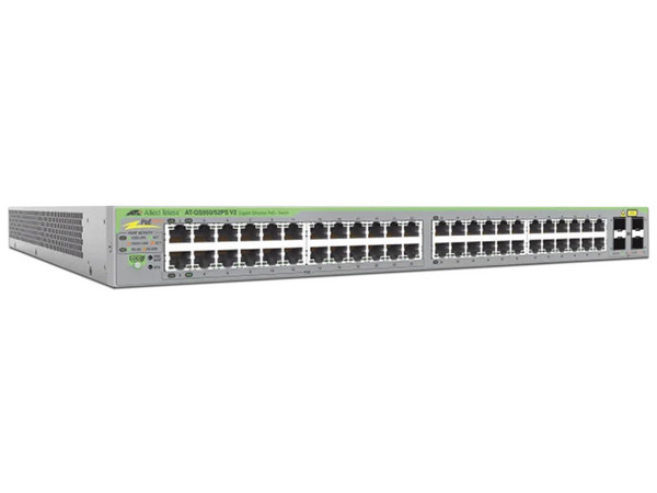 Switch Allied Telesis AT-GS950/52PS-V2-10, de 48 puertos RJ-45 Gigabit Ethernet 10/100/1000 y 4 Gigabit SFP.