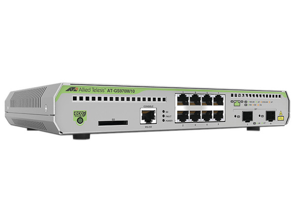 Switch Administrable Allied Telesis CentreCOM GS970M de 8 Puertos RJ-45 10/100/1000 Mbps y 2 puertos SFP Gigabit. Color Gris