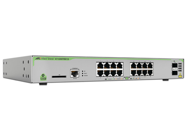 Switch Administrable Allied Telesis GS970M/18 de 16 puertos 10/100/1000 y 2 Gigabit SFP.