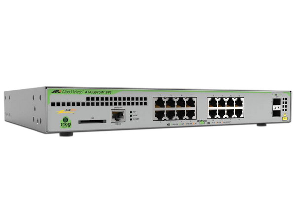 Switch Allied Telesis GS970M/18PS-R-10 de 16 puertos RJ-45 Gigabit 100/1000Mbps PoE y 2 SFP, Administrable.