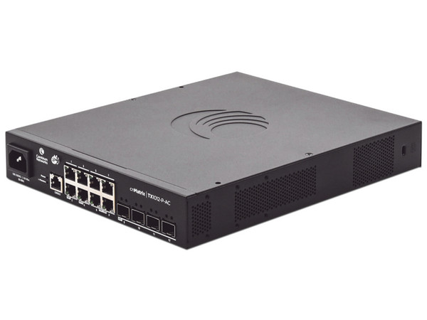 Switch Cambium Networks cnMatrix WISP TX1012-DC-P de 8 puertos PoE 10/100/1000 Mbps, 4 SFP+, Capa 2, Gestión gratuita desde la nube, Color Negro.