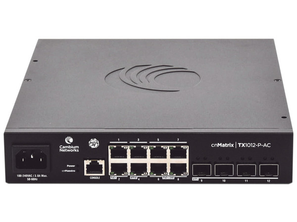 Switch Cambium Networks cnMatrix WISP TX1012-DC-P de 8 puertos PoE 10/100/1000 Mbps, 4 SFP+, Capa 2, Gestión gratuita desde la nube, Color Negro.