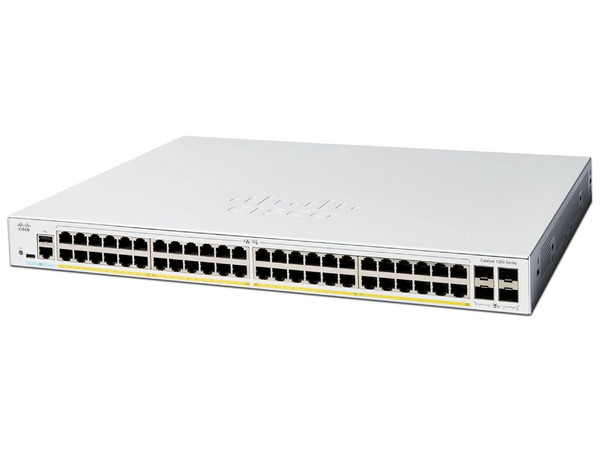 Switch Cisco Catalyst 1200, 48 Puertos PoE+ 10/100/1000 Mbps, 4 Puertos SFP, Color Gris.