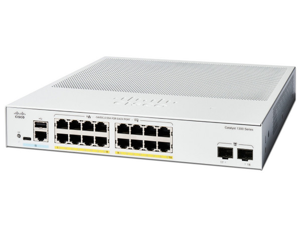Switch Cisco Catalyst 1300 de 16 puertos Gigabit Ethernet, PoE+ con 240W totales, 2 puertos SFP (2x1G).