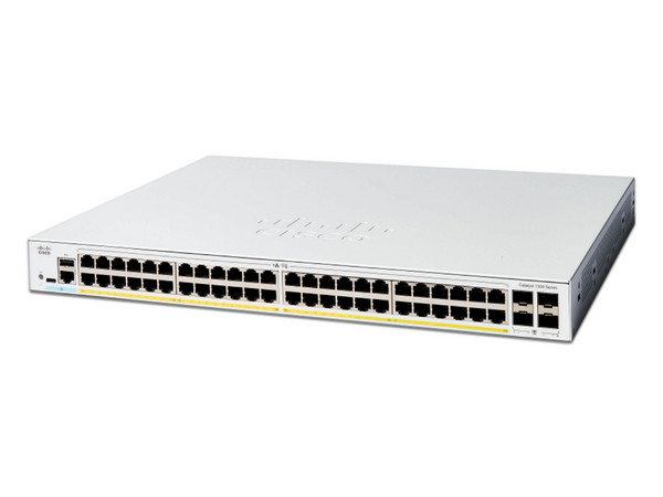 Switch Cisco Catalyst 1300, con 48 puertos Gigabit Ethernet, PoE+, 4 Puertos SFP. Color Blanco